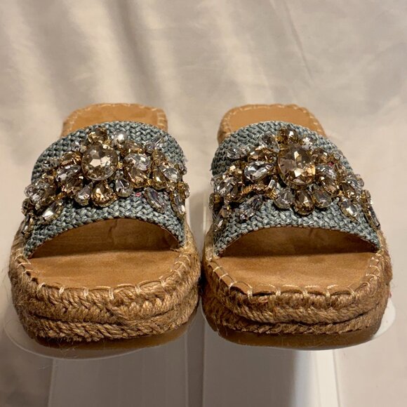 (6.5) BLUE SLIP-ON JEWELED PLATFORM WEDGE SANDAL JUTE WRAPPED ESPADRILLE BOTTOM - Picture 3 of 11
